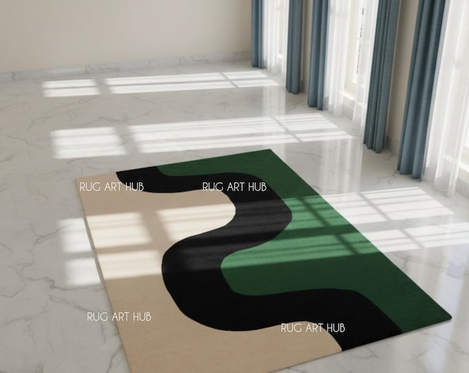 Green Black Beige Hand-Tufted Wool Rug | Abstract Modern Wave Pattern Carpet | Minimalist Custom Living Room Contemporary Decor Rug