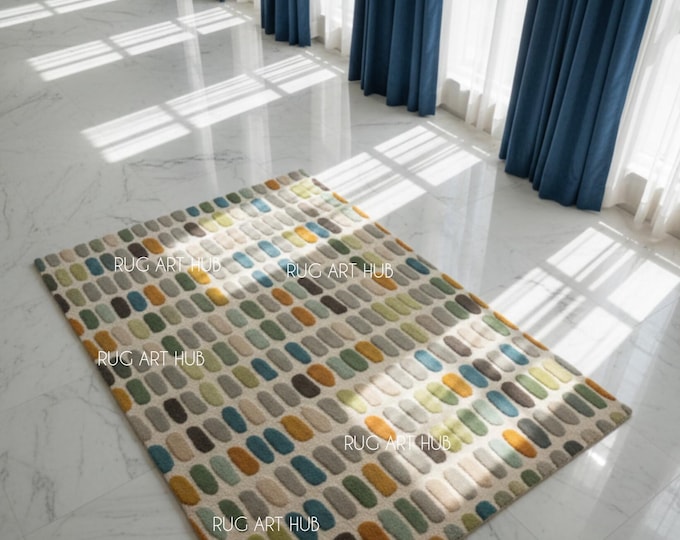 Pastel Multicolor Hand-Tufted Wool Rug | Oval Dot Pattern Carpet | Playful Modern Living Room Decor | Custom Size Colorful Rug