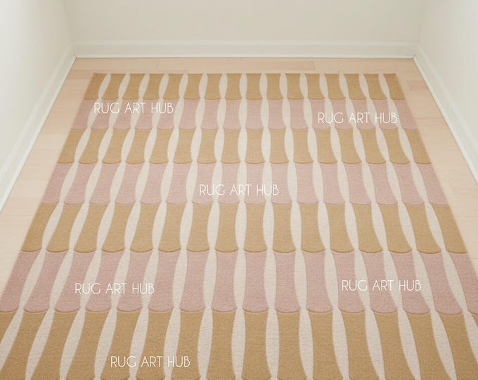 Hand Tufted Mustard Yellow Pink Rug Modern Geometric Stripe Wool Area Rug Handmade Living Room Bedroom Accent Contemporary Decor Carpet