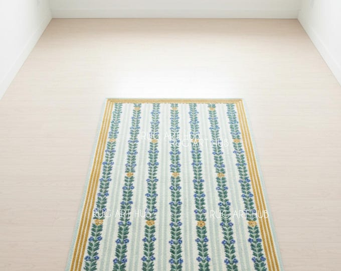 Hand Tufted Floral Stripe Rug – Vintage Botanical Design Carpet – Green Leaf Pattern Cottagecore Aesthetic Farmhouse Style Area Rug