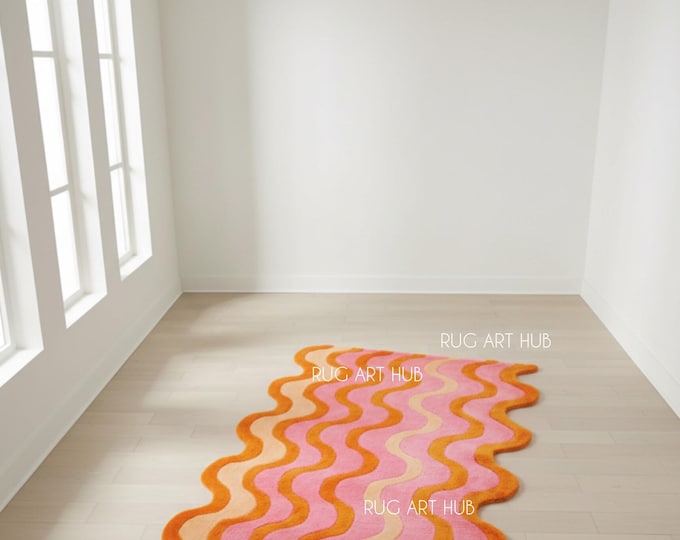 Hand Tufted Wavy Rug Pink Orange Yellow Ripple Pattern Modern Irregular Shape Wool Area Rug Handmade Living Room Bedroom Accent Decor Rug