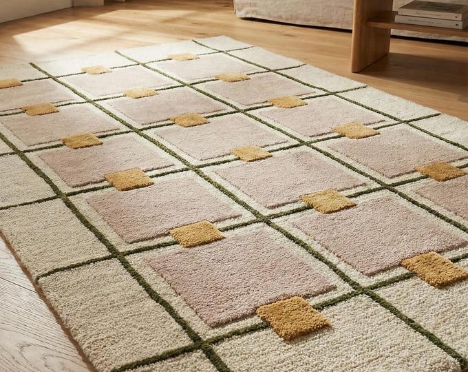 Hand Tufted Checkered yellow White Modern Wool Area Rug Custom Handmade Living Room Bedroom Accent Contemporary Rug