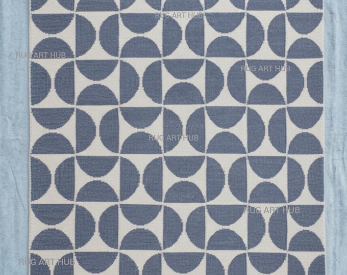 Hand Knotted Navy Blue Ivory Geometric Wool Rug Modern Scandinavian Pattern Handmade Minimal Designer Area Rug Custom Size Available Rug