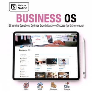 Puede incluir: Una tableta digital que muestra una plantilla de Notion Business OS con secciones para Overview, Operations y Projects. La pantalla presenta gráficos, tarjetas de tareas y flujos de trabajo. Un lápiz óptico blanco se sitúa a la derecha. El texto incluye Made for Notion, Business OS y Streamline Operations, Optimize Growth & Achieve Success (for Entrepreneurs).