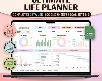 Life Planner Spreadsheet Budget Tracker Template| Task To Do List Habit Productivity |Goal Daily Planner Digital Calendar Google Sheets