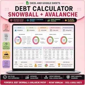 以下が含まれることがあります： ExcelおよびGoogleスプレッドシート用の債務計算ツール。スノーボール法とアバランチ法の返済戦略、進捗状況の視覚的グラフ、債務の内訳、支払い追跡、債務完済目標の概要を表示するダッシュボードを備えています。