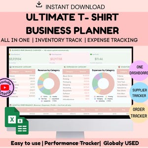May include: A computer screen displays a business planner with financial data, charts, and the text "ULTIMATE T-SHIRT BUSINESS PLANNER." Additional text includes "ALL IN ONE," "INVENTORY TRACK," and "EXPENSE TRACKING." The image also features a YouTube tutorial icon.