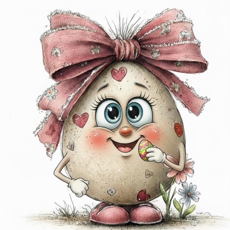 May include: A whimsical illustration of an Easter egg character with a large pink bow, heart-shaped accents, and rosy cheeks. The egg holds a decorated Easter egg and wears pink shoes, set against a white background with flowers.