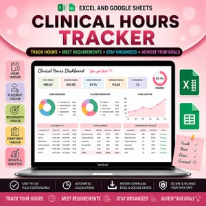 Może przedstawiać: Cyfrowy tracker godzin klinicznych dla programów Excel i Google Sheets wyświetlony na ekranie laptopa. Pulpit nawigacyjny zawiera tabele danych, wykresy kołowe oraz wykres liniowy przedstawiający postępy, logi staży i listy kontrolne w kolorze różowym.
