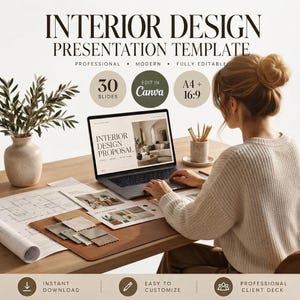 Op de afbeelding: Een presentatiesjabloon voor interieurontwerp met 30 dia's, bewerkbaar in Canva, in A4- en 16:9-formaat. Het digitale product bevat een laptop met een interieurontwerpvoorstel, bouwtekeningen en verschillende stoffen stalen.