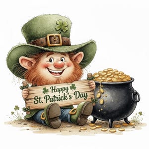 Pode incluir: Um duende de desenho animado usando um chapéu e sapatos verdes, segurando uma placa de madeira que diz "Happy St. Patrick's Day". Uma panela preta transbordando de moedas de ouro está ao lado dele, com mais moedas espalhadas no chão.