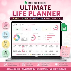 May include: A digital life planner dashboard displayed on a laptop screen, featuring Google Sheets integration, progress charts, habit trackers, and task lists. The interface uses a pink and white color scheme with organized sections for goals, habits, and upcoming events.