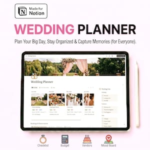 May include: A digital wedding planner template for Notion displayed on a tablet screen with a stylus. The interface features sections for venue booking, catering, guest lists, and packing lists, with icons for checklist, budget, vendors, and mood board.