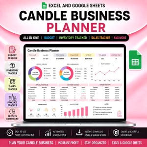 Paquete de herramientas para planificar negocios de velas, calculadora de costos y hoja de cálculo para el seguimiento de pedidos (Google Sheets).