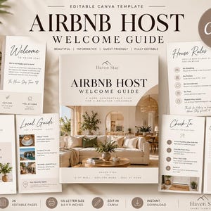 Peut inclure: Un modèle Canva modifiable pour un guide d'accueil Airbnb, comprenant plusieurs pages avec les règles de la maison, l'arrivée, le départ et un guide local. Le design utilise une palette de couleurs neutres avec du texte et des images.