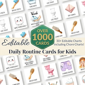 May include: A collection of square daily routine cards for kids featuring watercolor illustrations of hygiene tasks like brushing teeth, washing hands, and using the toilet. The cards include text labels and are presented as a set of over 1000 cards.