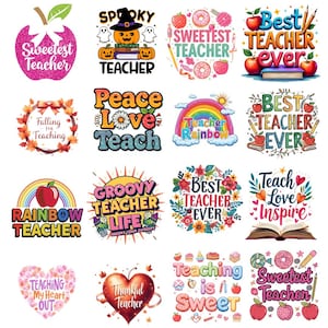 Könnte beinhalten: Eine Sammlung farbenfroher Grafiken zum Thema Lehrer. Designs umfassen Äpfel, Regenbogen, Kürbisse und florale Elemente. Der Text enthält Sätze wie "Sweetest Teacher", "Best Teacher Ever" und "Teach Love Inspire."