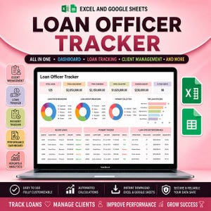 Op de afbeelding: Een digitaal Loan Officer Tracker-spreadsheet voor Excel en Google Sheets weergegeven op een laptopscherm. Het dashboard bevat datavisualisaties, waaronder cirkeldiagrammen, staafdiagrammen en tabellen voor leningstatus en klantbeheer.