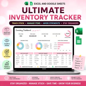 Puede incluir: Una plantilla de seguimiento de inventario digital para Excel y Google Sheets mostrada en una pantalla de portátil. El panel incluye gráficos, tablas y métricas como el total de artículos, valor total y estado de stock. Esquema de colores rosa y turquesa.