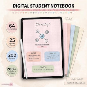 Digital Student Notebook GoodNotes, Hyperlinked Note Template with Tabs, Lined Grid Dotted Paper, Study Planner
