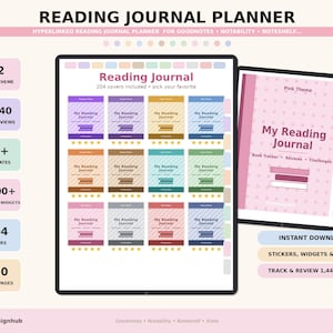 May include: A digital reading journal planner displayed on two tablets, featuring 12 color themes, 1,440 book reviews, 31+ templates, 2,400+ stickers and widgets, 204 covers, and 120 notes pages. The interface includes text labels for book trackers, reviews, and challenges.