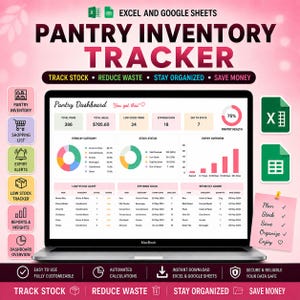 Pantry Inventory Spreadsheet Google Sheets & Excel |  Kitchen Inventory List Food Storage Tracker, Freezer and Fridge Organizer planner