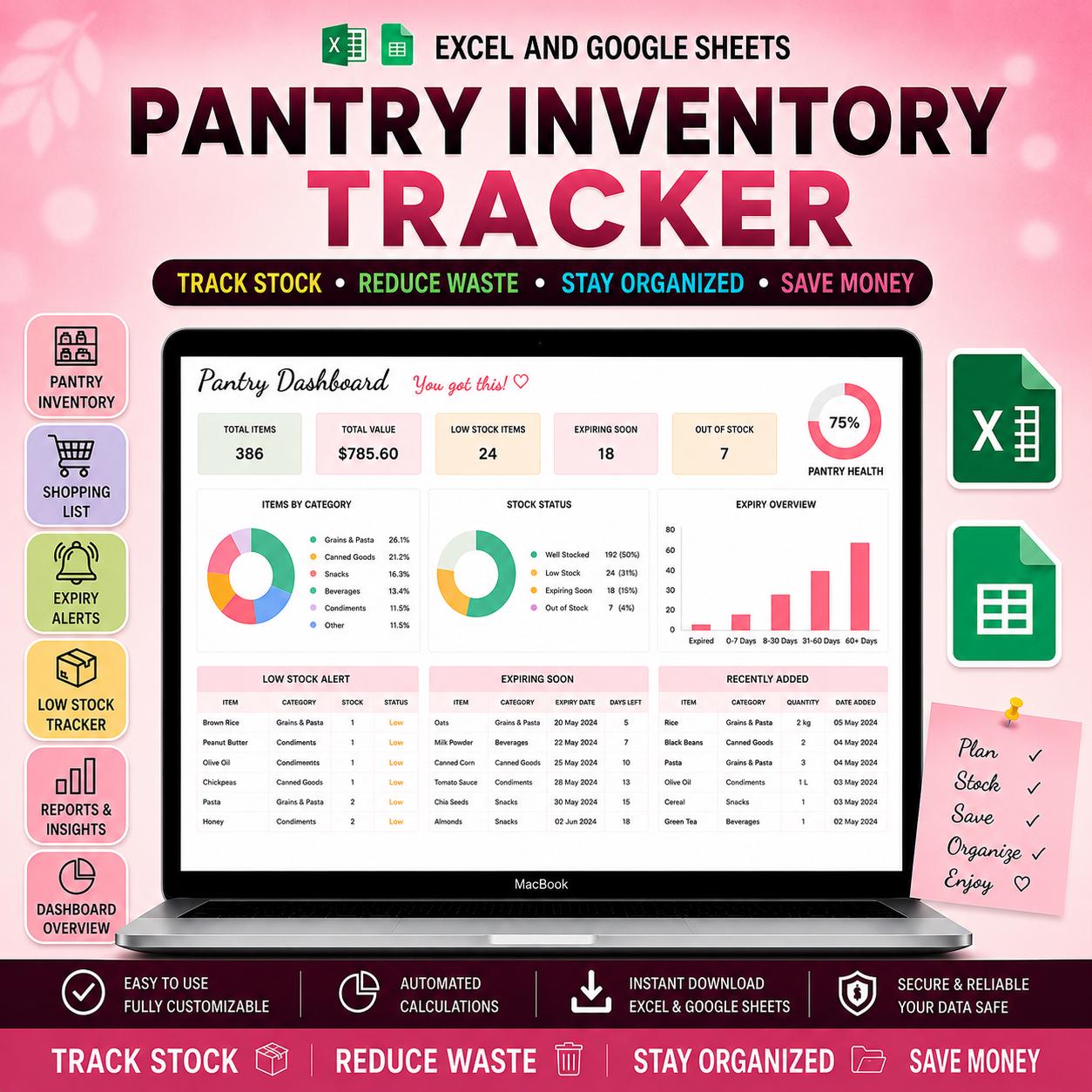 Pantry Inventory Spreadsheet Google Sheets & Excel Kitchen Inventory List Food Storage Tracker, Freezer and Fridge Organizer planner