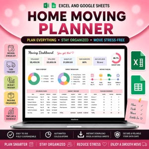 May include: A digital home moving planner for Excel and Google Sheets displayed on a laptop screen. The dashboard features a moving checklist, task tracker, budget breakdown, and packing overview with charts, tables, and text in pink and white.