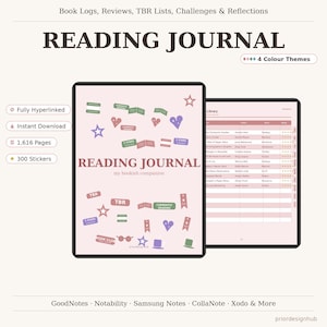 May include: A digital reading journal with a light pink cover featuring colorful star, heart, and book icons, plus the text Reading Journal my bookish companion. A second screen shows a library log page with columns for title, author, genre, and rating.