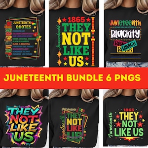 Pode incluir: Uma coleção de seis camisetas pretas com designs temáticos do Juneteenth. As camisetas apresentam vários gráficos e textos, incluindo "Juneteenth Quotes", "They Not Like Us" e "Blackity". O texto é em várias cores, incluindo vermelho, amarelo e verde.