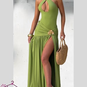 Elegant Halter Maxi Dress Set | Women’s Backless Bodysuit & High Slit Skirt | 2 Piece Evening Outfit | Sexy Summer Party Dress | Resort Wear