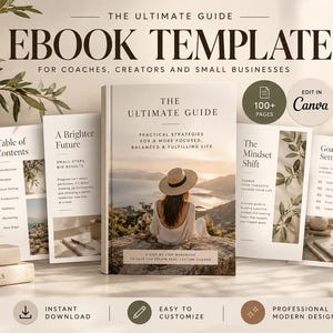 Puede incluir: Una plantilla de ebook para coaches, creadores y pequeñas empresas que incluye una guía central con una portada de una persona con sombrero frente a un paisaje. El conjunto contiene páginas para índices, objetivos y cambios de mentalidad.