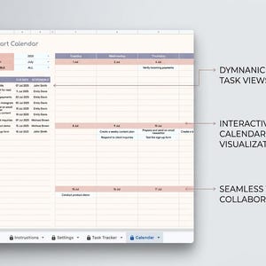 Op de afbeelding: Een digitale Smart Calendar spreadsheet-interface met een takenlijst aan de linkerkant en een wekelijks kalenderraster aan de rechterkant. Tekstlabels wijzen naar functies: DYMNAMIC TEAM TASK VIEWS, INTERACTIVE CALENDAR VISUALIZATION en SEAMLESS TEAM COLLABORATION.