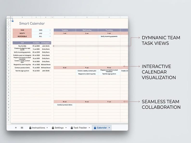 Op de afbeelding: Een digitale Smart Calendar spreadsheet-interface met een takenlijst aan de linkerkant en een wekelijks kalenderraster aan de rechterkant. Tekstlabels wijzen naar functies: DYMNAMIC TEAM TASK VIEWS, INTERACTIVE CALENDAR VISUALIZATION en SEAMLESS TEAM COLLABORATION.