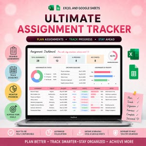 Puede incluir: Una plantilla digital de seguimiento de tareas para Excel y Google Sheets mostrada en una pantalla de portátil. El panel incluye gráficos, barras de progreso y tablas para organizar tareas, fechas límite y prioridades con un diseño en rosa y blanco.