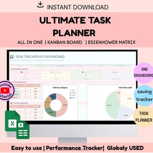 Puede incluir: Un monitor de computadora muestra un panel de control de planificador de tareas con gráficos. La pantalla muestra el texto "ULTIMATE TASK PLANNER" y "TASK TRACKER KPI DASHBOARD". El texto adicional incluye "ALL IN ONE", "KANBAN BOARD" y "ESIENHOWER MATRIX". También son visibles los iconos de YouTube y Excel.
