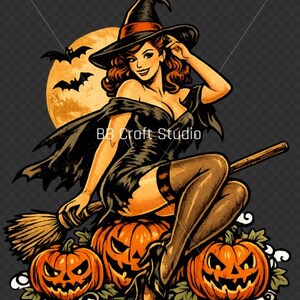 May include: A digital illustration of a witch wearing a black hat and dress, sitting on a broomstick above three carved jack-o'-lanterns. A large yellow moon and two black bats appear in the background. The text BB Craft Studio is centered.