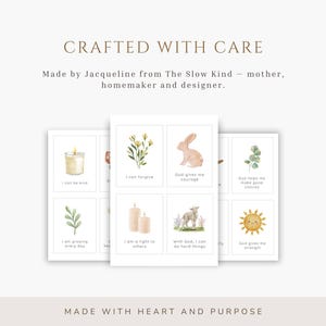 May include: A set of white rectangular cards featuring watercolor illustrations of a candle, flowers, a rabbit, a lamb, and a sun. Each card includes printed text such as I can be kind, I can forgive, God gives me courage, and God gives me strength.