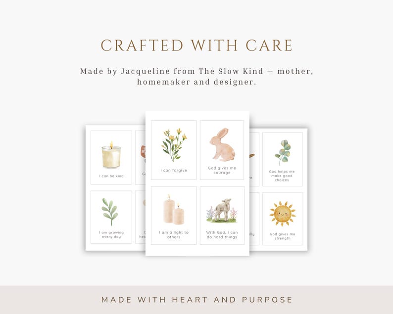 May include: A set of white rectangular cards featuring watercolor illustrations of a candle, flowers, a rabbit, a lamb, and a sun. Each card includes printed text such as I can be kind, I can forgive, God gives me courage, and God gives me strength.