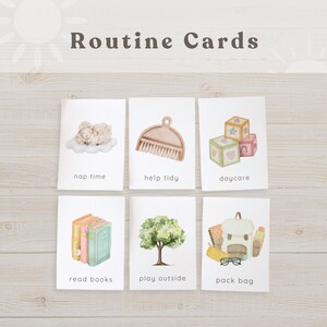 May include: Six white rectangular routine cards featuring watercolour illustrations and text. The cards display a sheep for nap time, a dustpan for help tidy, blocks for daycare, books for read books, a tree for play outside, and a backpack for pack bag.