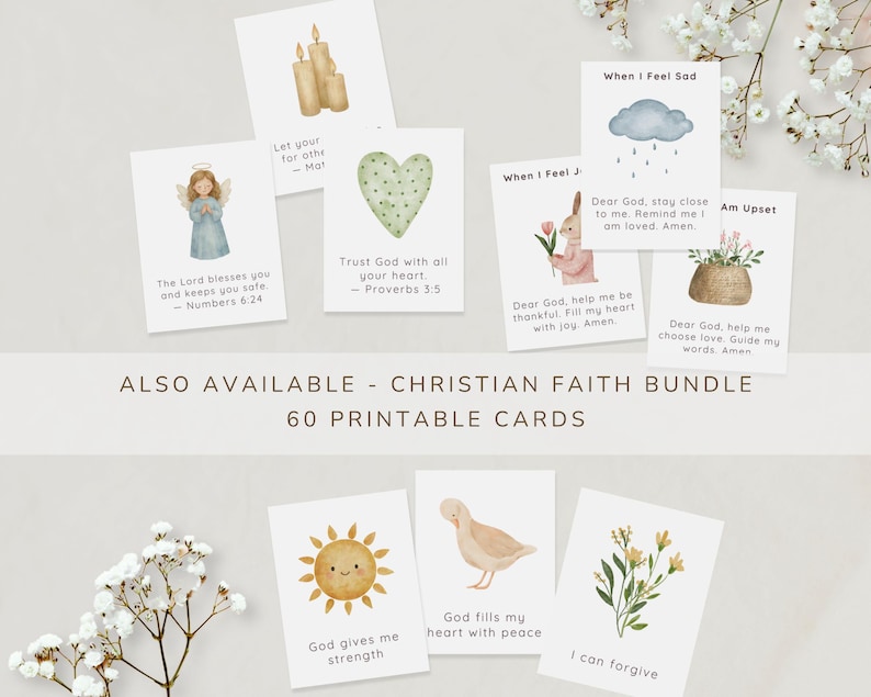 May include: A collection of white rectangular cards featuring watercolor illustrations of religious and nature themes, including an angel, candles, a heart, a rabbit, a sun, and flowers, with printed text and scripture verses on each individual card.