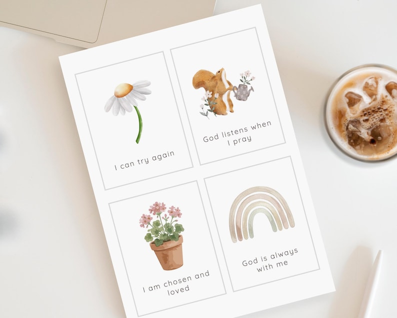 May include: A white rectangular sheet featuring four distinct cards with watercolor illustrations and text. The cards display a daisy with 'I can try again', a squirrel with 'God listens when I pray', a potted plant with 'I am chosen and loved', and a rainbow with 'God is always with me'.