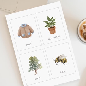 May include: A white card with four watercolor illustrations: a tan coat, a potted plant, a tree, and a bee. Each image has a corresponding word below it: "coat", "pot plant", "tree", and "bee". A cup of coffee is in the background.