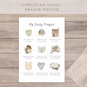 Könnte beinhalten: Ein weißes Poster mit dem Titel My Daily Prayers, das neun Aquarellillustrationen mit Textunterschriften zeigt. Die Bilder umfassen eine Teetasse, eine Schüssel mit Essen, ein Haus, eine Familie, eine Kerze, eine Pflanze, Hände, ein Herz und Bücher.