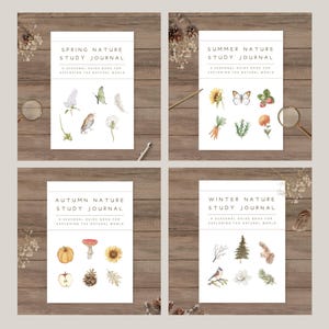 Puede incluir: Cuatro diarios blancos titulados Spring, Summer, Autumn y Winter Nature Study Journal. Cada portada presenta ilustraciones en acuarela de flora y fauna estacional, incluyendo flores, insectos, aves y plantas, con el subtítulo A Seasonal Guide Book for Exploring the Natural World.
