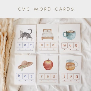 May include: Six white CVC word cards titled CVC WORD CARDS, displaying watercolour illustrations of a cat, bed, mug, hat, apple, and jug. Each card features the corresponding three-letter word in boxes with dots underneath to indicate letter sounds.