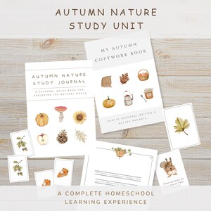 May include: An autumn nature study unit featuring an Autumn Nature Study Journal, a My Autumn Copywork Book, and several small cards with watercolour illustrations of pumpkins, leaves, mushrooms, sunflowers, acorns, and a squirrel on a white background.