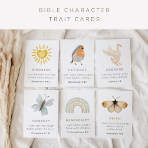 May include: Six cards with watercolour illustrations and text, featuring words such as "Kindness", "Patience", and "Courage", each with a Bible verse. The cards are displayed on a white, textured surface, with the words "Bible Character Trait Cards" at the top.