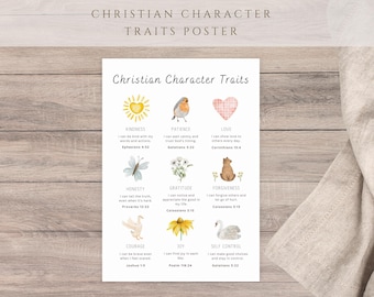 Christian Character Poster for Kids | Bible Values Chart | Preschool Homeschool Printable | Faith Learning Decor