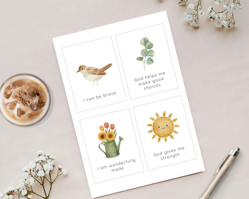 May include: A white rectangular card featuring four distinct watercolor illustrations and text. The top left shows a bird with the text I can be brave. The top right shows a green leaf sprig with the text God helps me make good choices. The bottom left shows a green watering can with flowers and the text I am wonderfully made. The bottom right shows a smiling sun with the text God gives me strength.